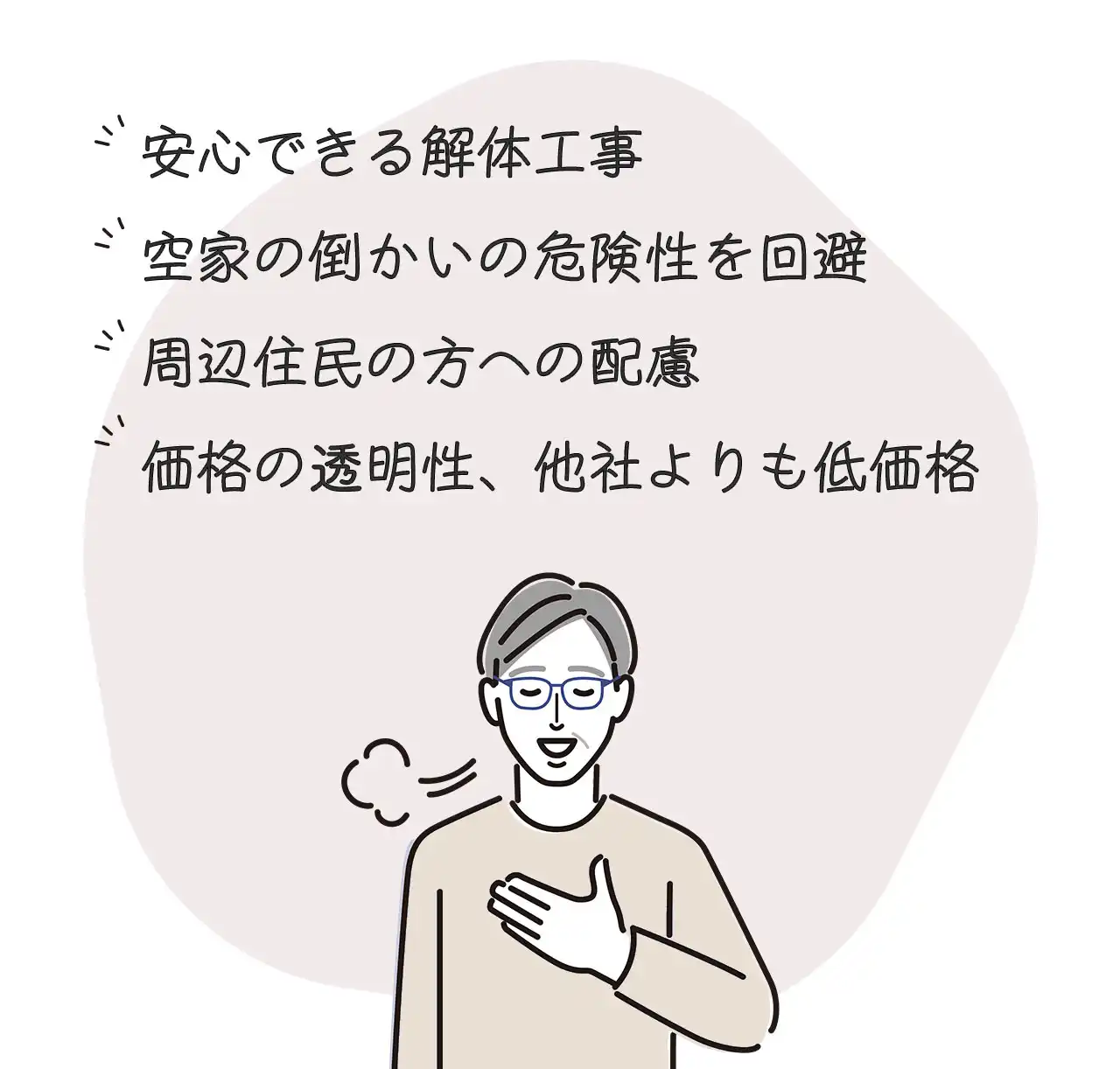 安心できる解体工事
空き家の問題、危険性を回避
近隣住民への配慮
価格の透明性、他社よりも低価格